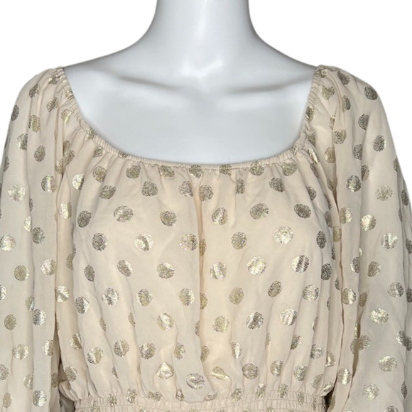 Mi Ami Shirt Womens Large Cream Shimmer Polka Dots Peplum Boho Bohemian Casual - Picture 5 of 10